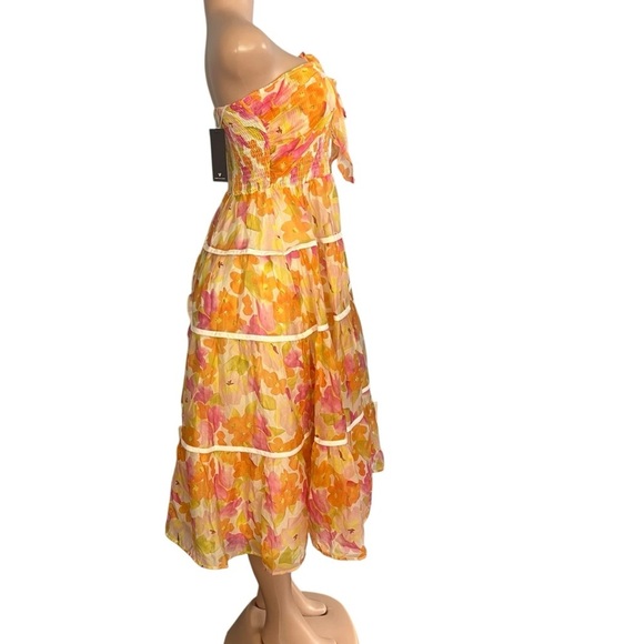 Lulus Sunlight Aura Orange Floral Strapless Tiered Midi Dress - Picture 7 of 11